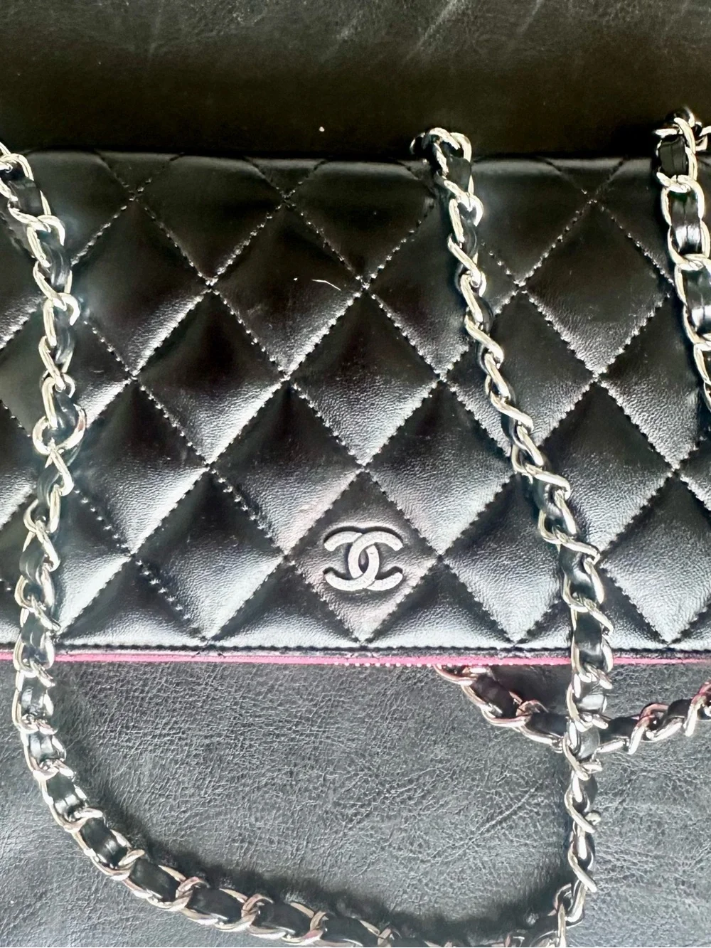 CHANEL Quilted Black Leather wallet with Chain and Pink Trim